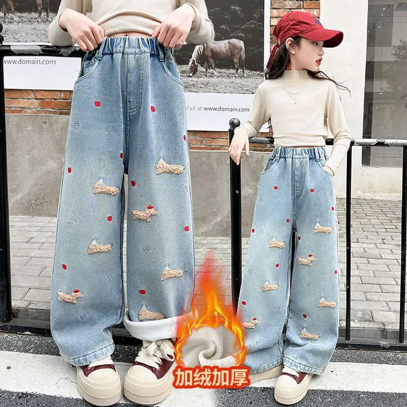 Winter Warm Kids Girl Fleece Lined Jeans with Embroidery Cartoon Dog Child Casual Insulated Denim Pants Teen Thermal Trousers