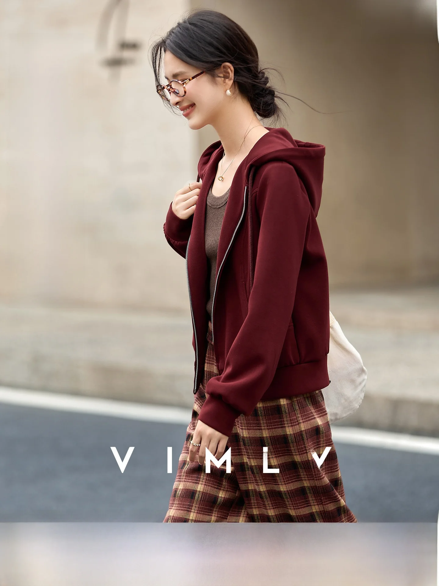 

Women's Autumnal Plaid Hooded Zipper Jaet And Straight Leg Pants Two-Piece Set Casual High Elastici Faion Ensemble