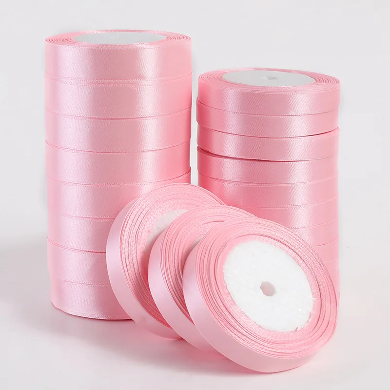 25 야드/롤 6mm ~ 50mm DIY 공예를위한 핑크 새틴 리본 활 수제 파티 웨딩 생일 선물 포장 의류 장식 리본