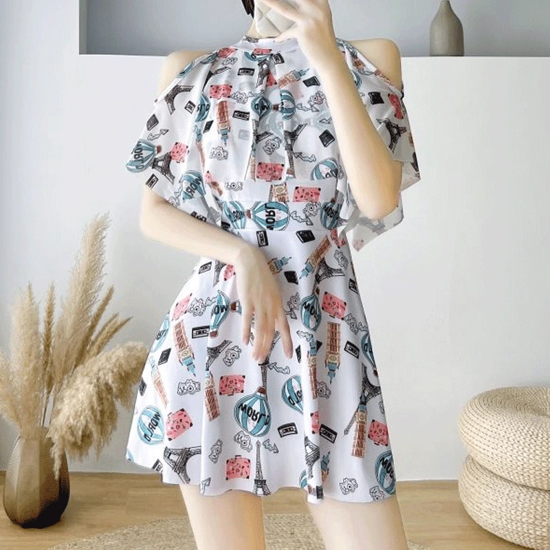 2023 Summer Fashion Oversized Temperament Women's Clothing Slimming Conservative Seaside Vacation Printed Off Shoulder Swimwears