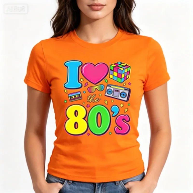 Unisex Pure Cotton Crew Neck T-Shirt I Love The 80s Retro Neon Graphic Rubik's Cube Boombox Cassette Tape Party Vintage Tee