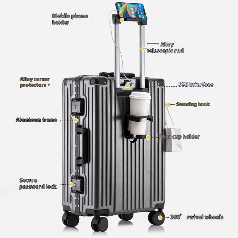 حقيبة سفر ABS مقاس 20/24/26 بوصة متعددة الوظائف بإطار من الألومنيوم مع حامل أكواب قابل للسحب وخطاف أمامي للرحلة