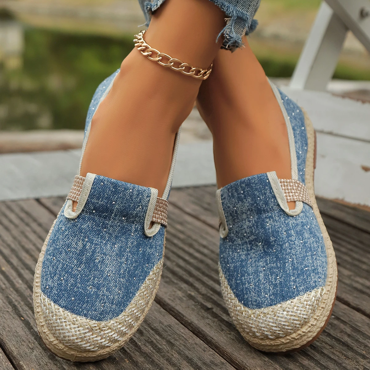 2024 New Round Toe Comfortable Casual Women\'s Shoes Hot Spring Autumn Elegant Breathable Shallow Mouth Blue Canvas Flat Shoes