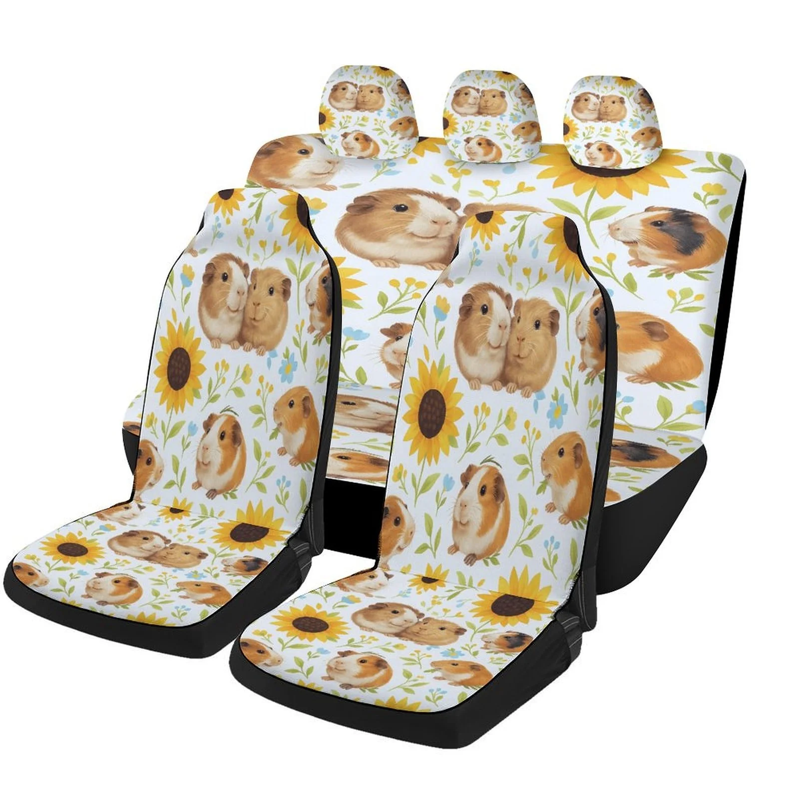 Guinea Pigs And Sunflowers Themed Car Seat Cover Set For Most Cars, Fashionable Novelty Car Seat Protector Covers Full Set, Univ