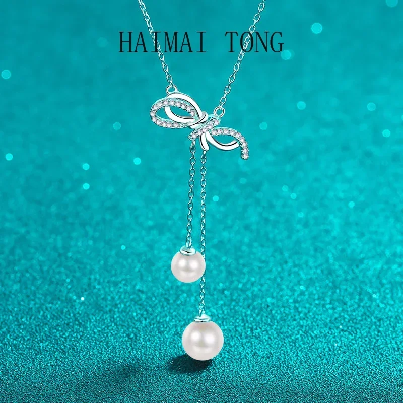 

HAIMAITONG moissanite Diamond Pt950 Platinum Pearl Necklace with Bow Tassel Pendant and Collar Chain for Neck and Chest