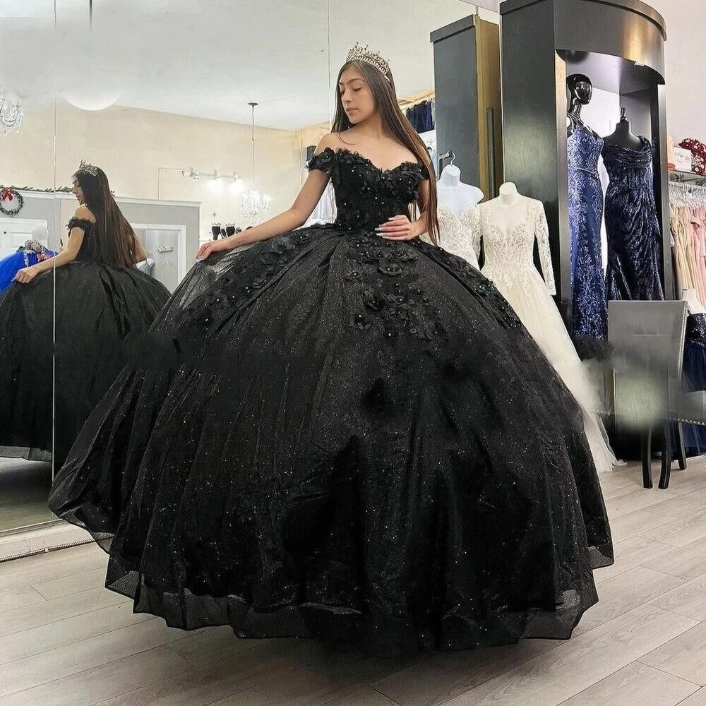 

Винтажные блестящие черные платья для Quinceanera, бальные платья, милое Тюлевое платье 16, блестящее платье с 3D аппликацией и цветами для выпускного вечера, конкурса