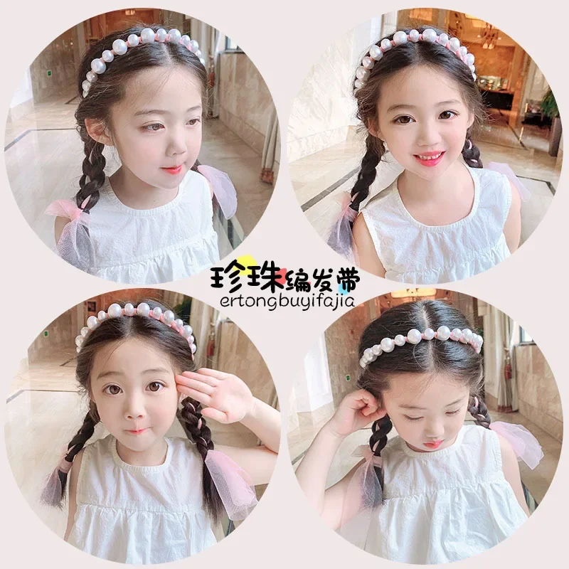 Children Pearl Streamer Headbands Princess Solid Organza Braided Bowknot Hairbands for Baby Girls Hair Hoops Hair Accessories