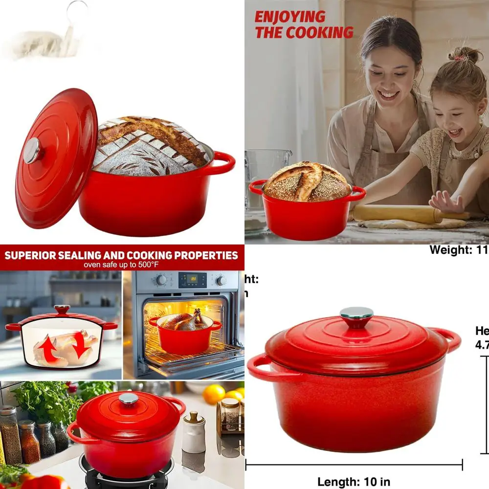 

Enameled Cast Iron Bread Oven with Proofing Basket for Baking, Heavy-Duty Cookware for Braising, Stews, Roasting (Red)