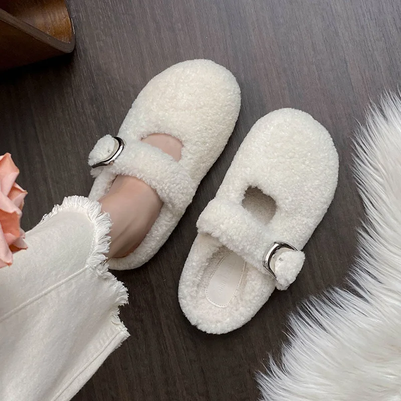 

2025 Women Winter Fashion Cork Insole Warm Plush Slippers Cozy Home Furry Mules Shoes Zapatos De Mujer Femme Lambs Fur Slides