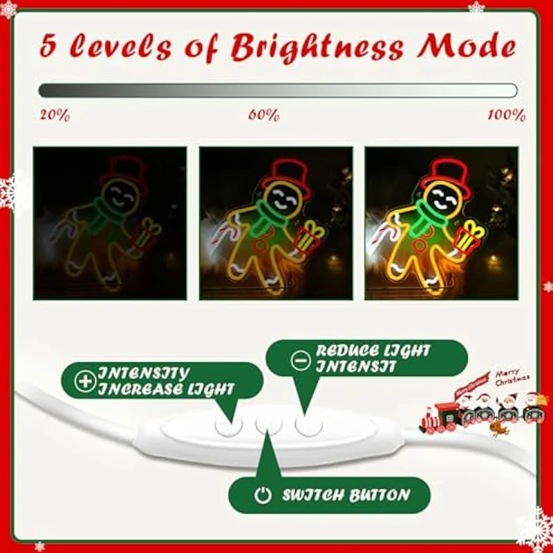 Gingerbread Man Neon Sign หรี่แสงได้คริสต์มาส Led Neon Light up Sign XMAS สําหรับตกแต่งหน้าต่างห้องนั่งเล่นเด็กเทศกาลห้องนอน
