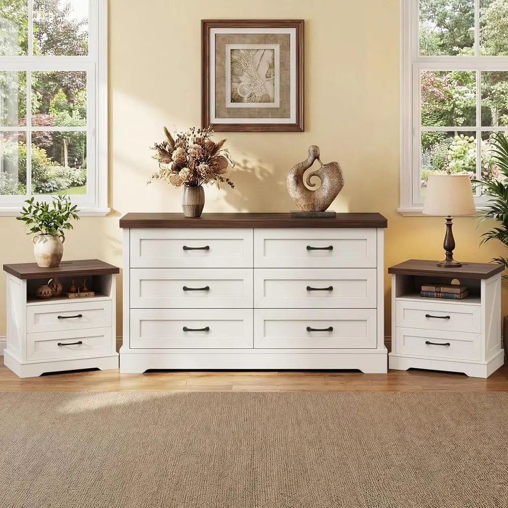 

Dresser and Nightstand Sets 3 Piece, Farmhouse 6-Drawer Dresser & 2 Drawer Nightstand Set, Furniture Set for Bedroom, Rustic White & Dark Walnut