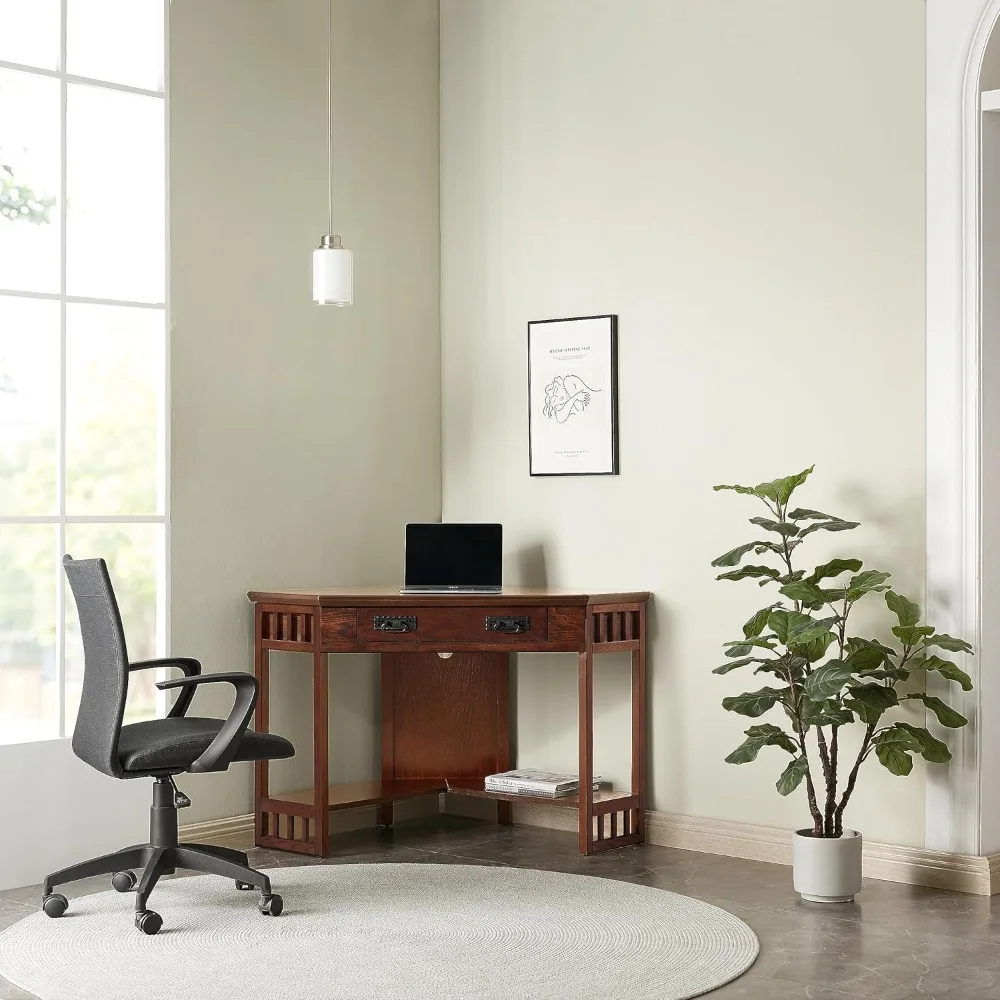 Mission Corner Desk, Writing Computer Desk with Drop Front Keyboard Drawer, for Home Office, Solid Wood, Mission Oak