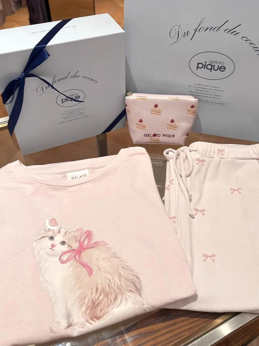 

Korean Sle Cute Long Sve T-irt Women's Spring Autumn Home Clothes Set with Sweet Knot Long Pants Wearable