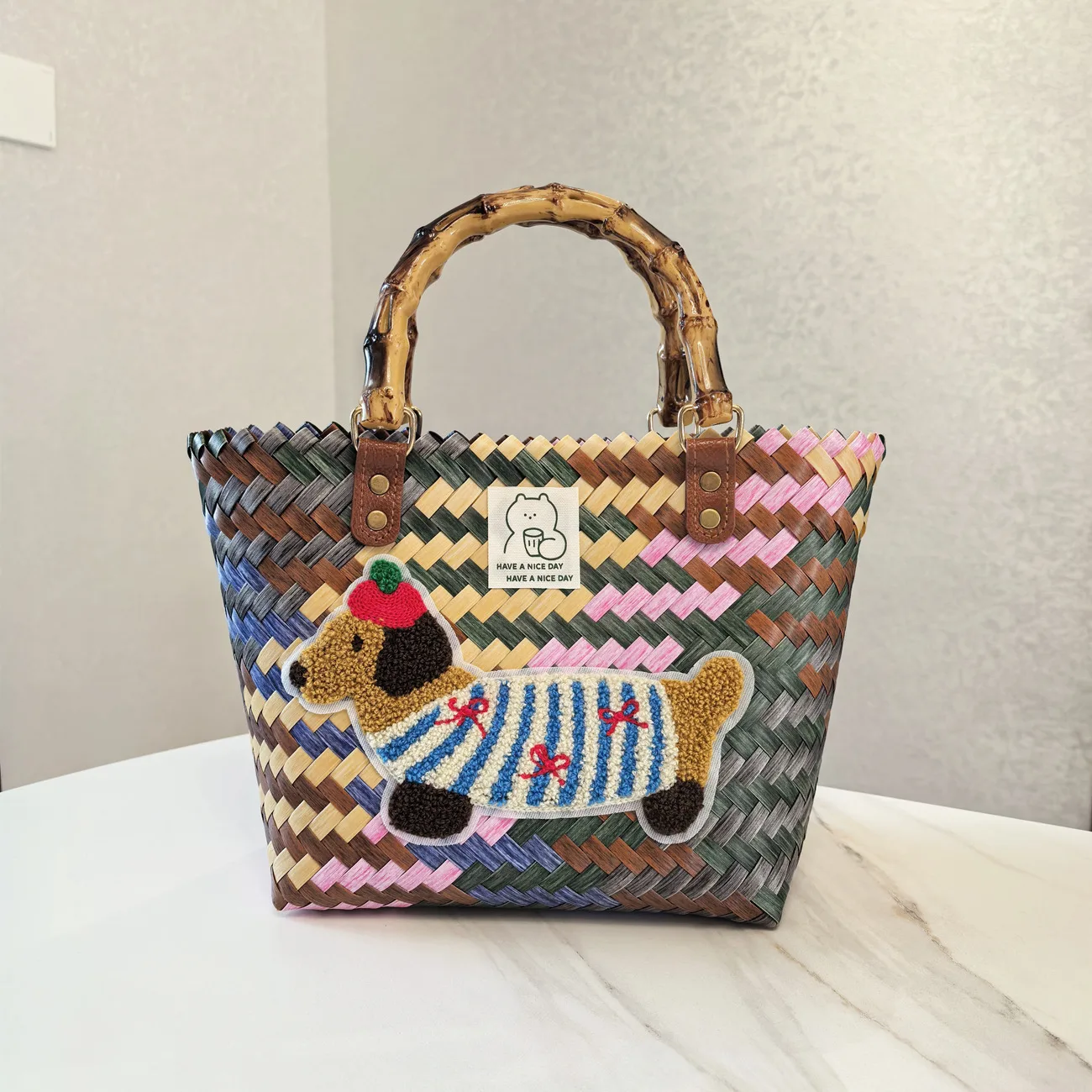 Vintage striped sausage dog woven bag handbag nylon rope pendant tote bag hand-held women's bag beach bag
