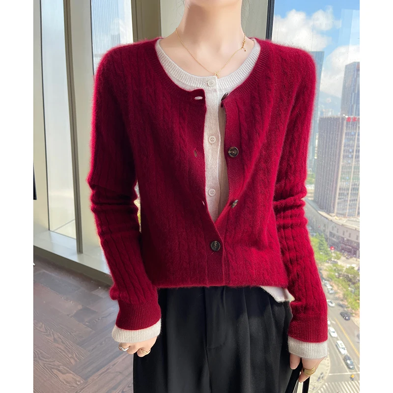 100% Cashmere Sweater Women's Clothing O-neck Knitted Cardigan Autumn Winter New Coat Fashion Contrast Fried Dough Twists Tops