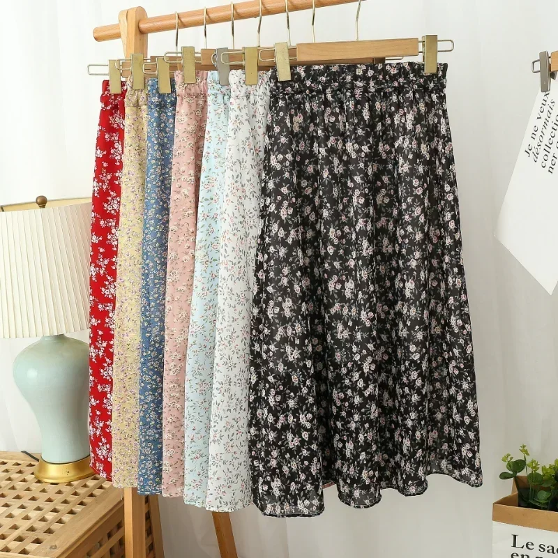 Vintage Floral Print A-line Pleated Long Skirts Summer Women 2024 Korean Skirt Streetwear Drawstring Elastic Waist Midi Skirt