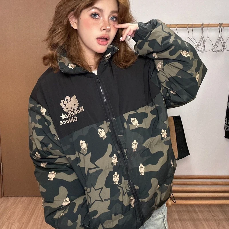 New Sanrioed American Retro Hello Kittys Camouflage Jacket Women\'s Winter Thick Warm Contrast Color Cute Outdoor Cotton Jacket