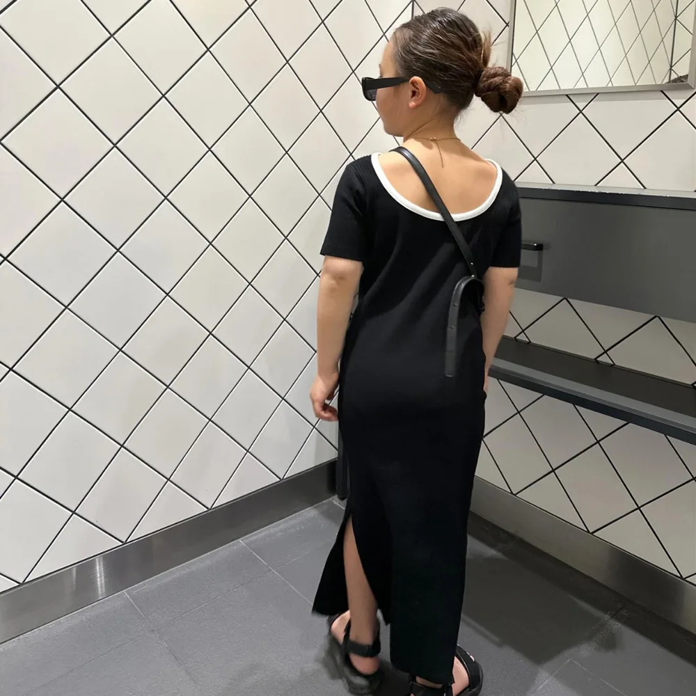 Japanese Dress Girls Elastic Short Sleeved Dress Children Knitted Small Fragrant Style Long Dress 2025 Summer New