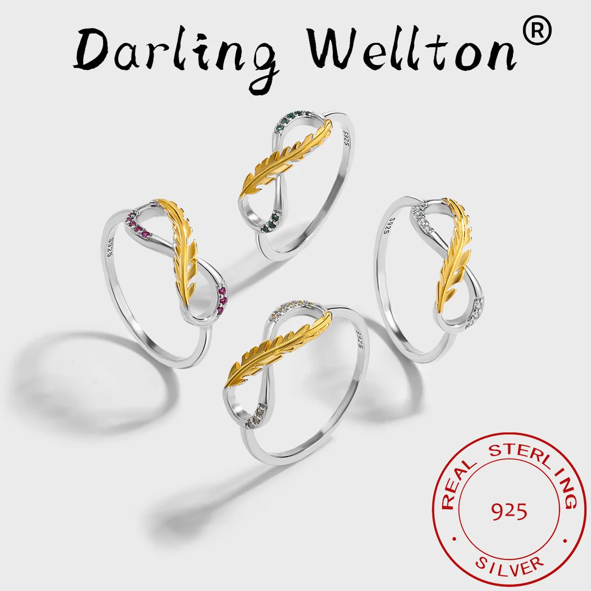 

Creative18K Gold Separation Feather Number 8 Full Diamond Couple Ring For Women Original Sterling Silver Anniversary Jewelry