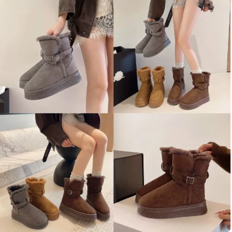 Autumn and Winter Women's Snow Boots New Flat Bottom Warm Cotton Ankle Boots Shoes Casual Plush Solid Short Botines for Women