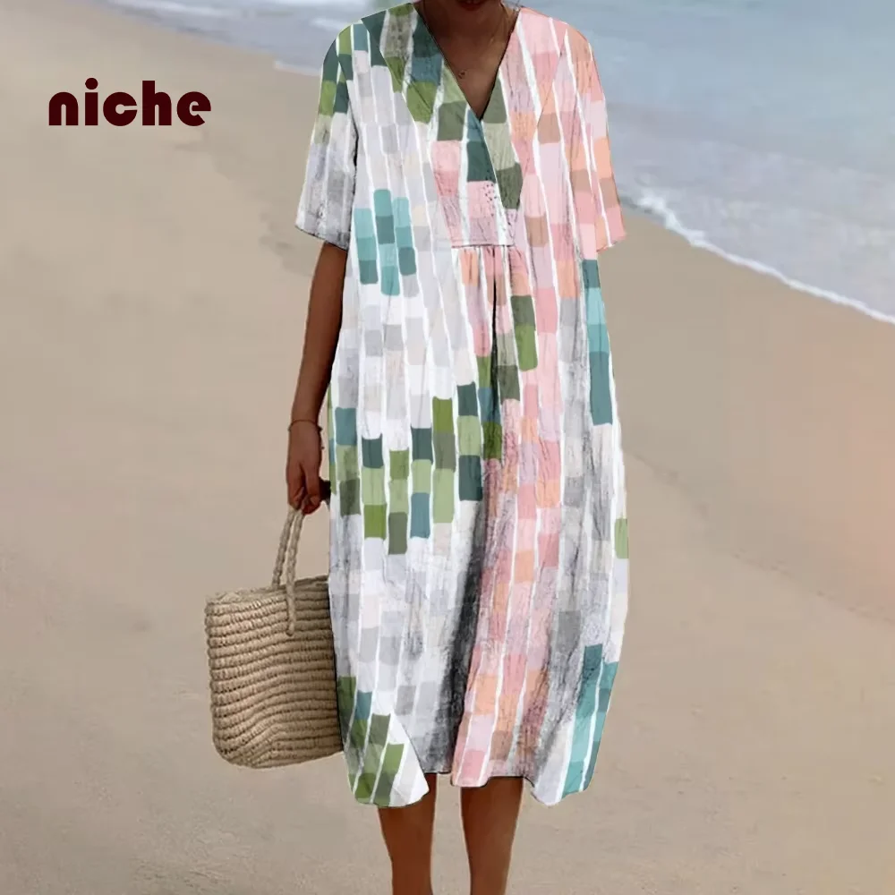 Soft Ladies Dress Retro Elegant Outfit Color Plaid Print Fashion Trend New Loose V-Neck High Quality Pure Cotton Beach Dress