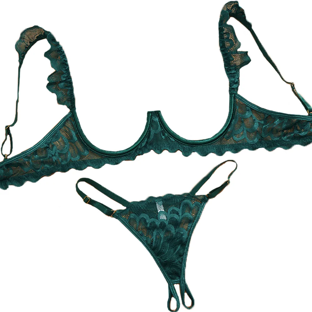 Women Sexy Lace Sheer Underwire Open Cup Bra Set Crotchless Thong Transparent Elegant Push Up Lingerie 2 Piece Wedding Night