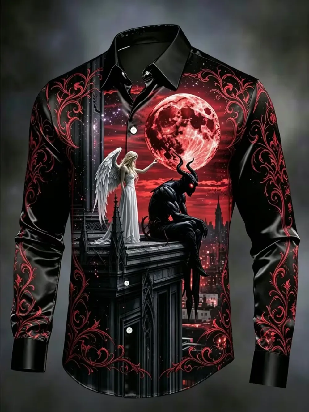 Men Fashion Button‑Up Shirt Dark Mysterious Theme Print Long Sleeve Turn‑down Collar Casual Top Halloween Gathering Wear
