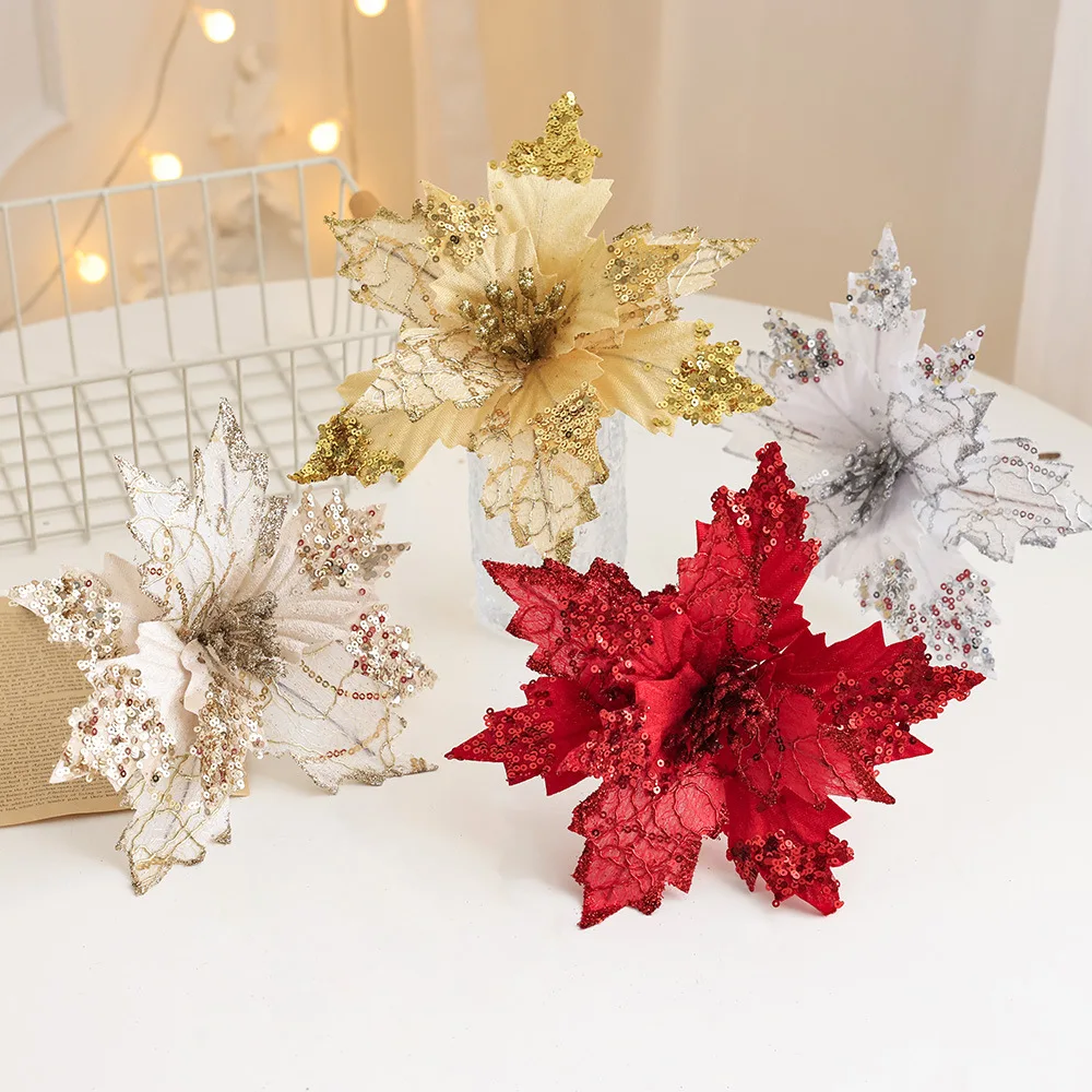 2/4/6 PCS Christmas Simulation Flower Xmas Tree Decor Sequin Flannelette Family Holiday Party Wedding  Scene Layout Props