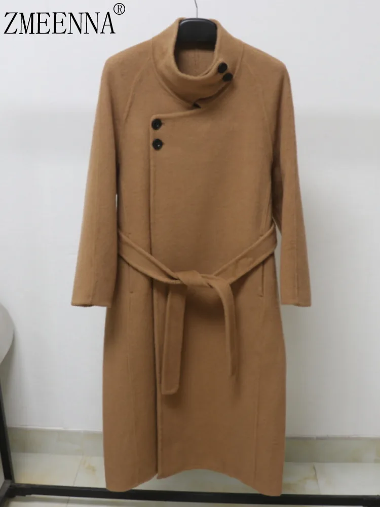 

ZMEENNA Women's Elegant Camel Wool Long Coat With Asymmetric Buttoned Stand-Up Collar Stylish Belted Waist Chic ZM3883