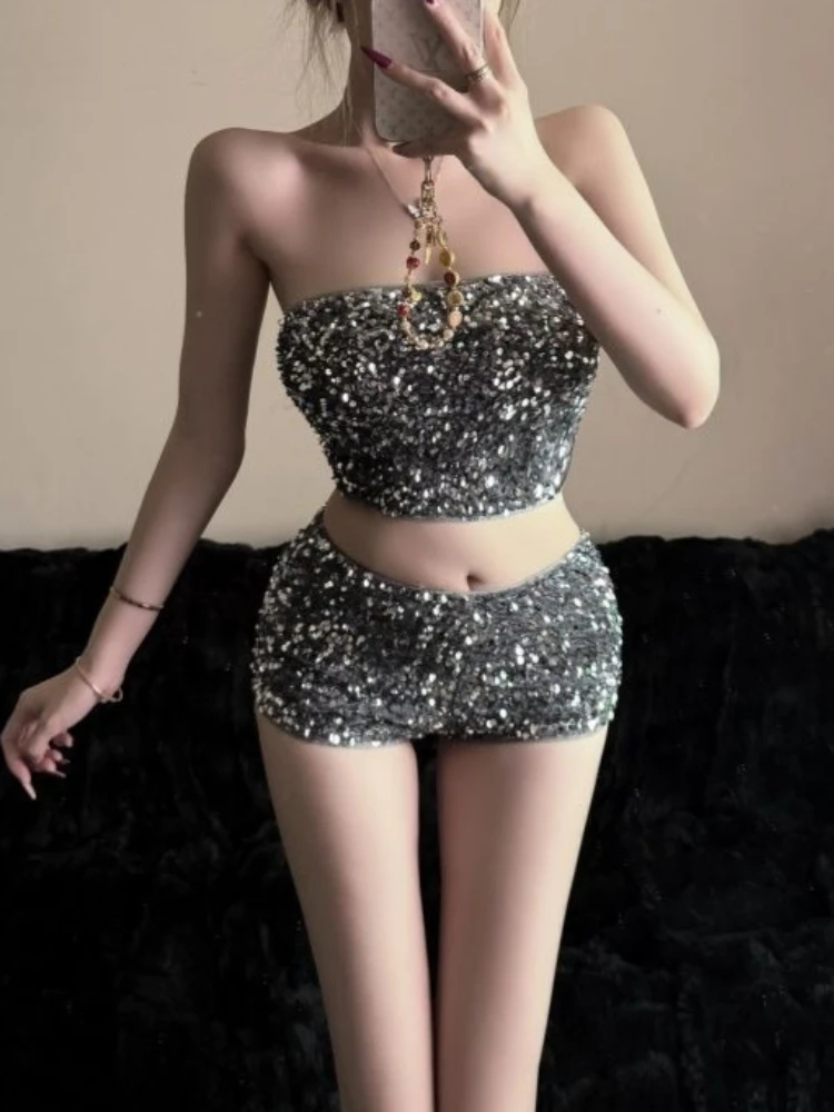 Sexy Black Silver Sequin Strapless Stretchy 2 Piece Set Women Tube Top Hot Shorts Clubwear Nightclub Party DJ Performance Outfit