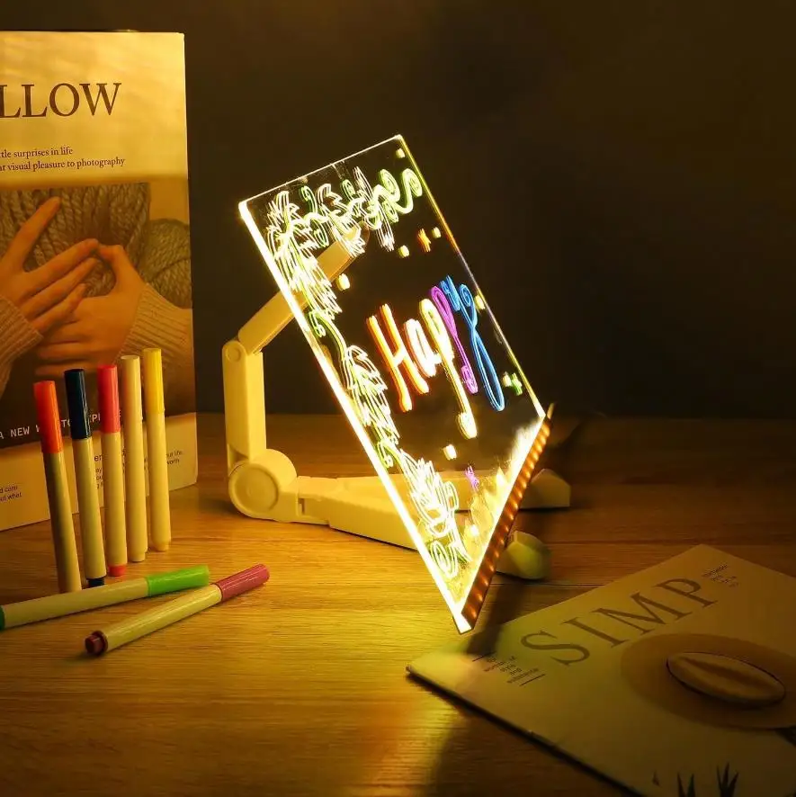 กระดานอะคริลิค DIY พร้อมไฟกลางคืน 7 สี ปากกา LED กระดานโน้ตสำหรับเด็ก กระดานเขียน LED กระดานวาดภาพ LED