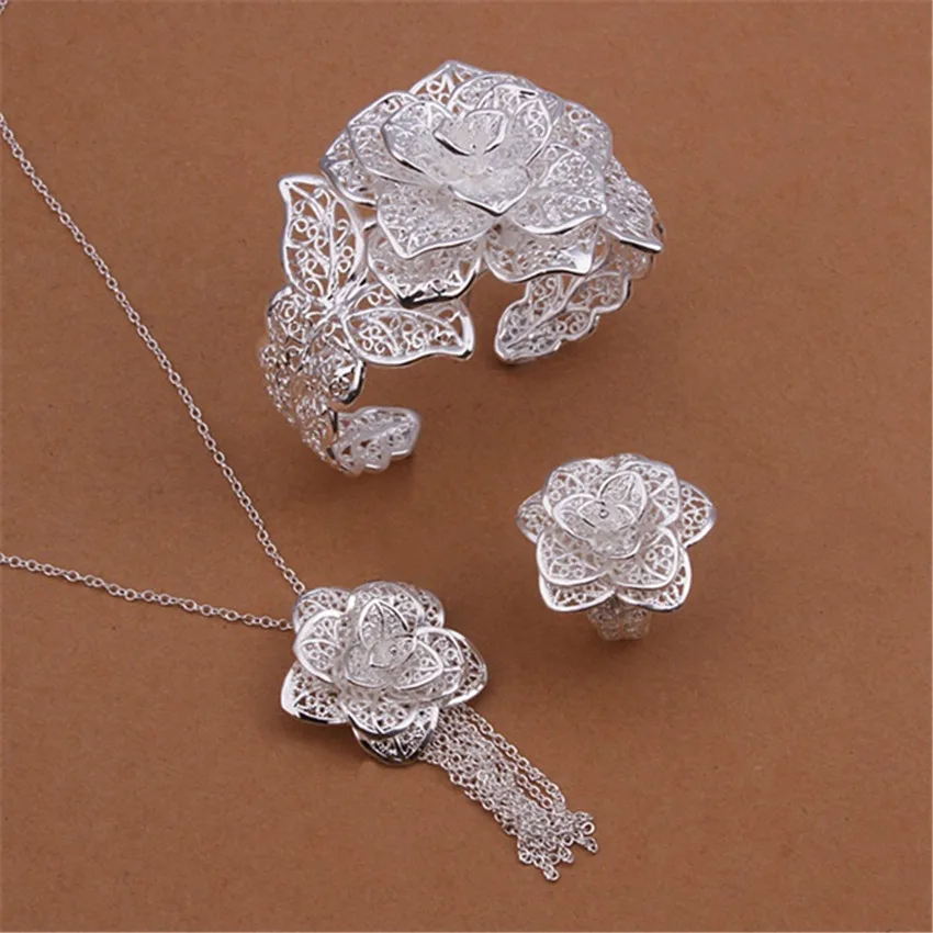 

High quality charms 925 Sterling Silver Pretty big flower Pendant bangle rings bracelet necklaces for women fashion Jewelry sets