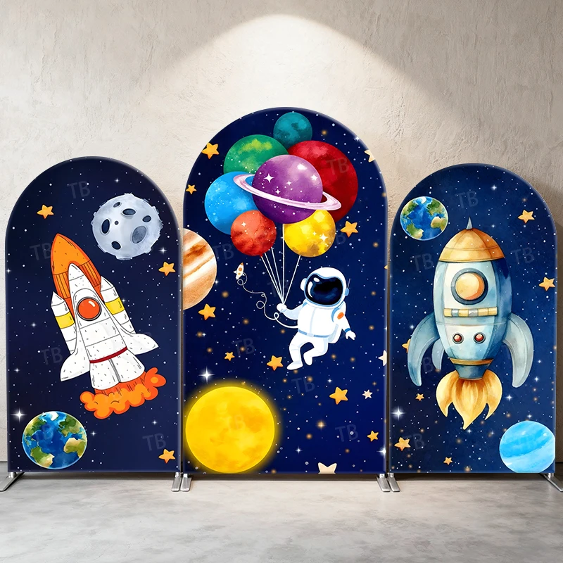 

Space Astronaut Rocket Arch Backdrop Cover Galaxy Theme for BabyShower,Kids Boy Birthday Party Decor&Photography Background Wall