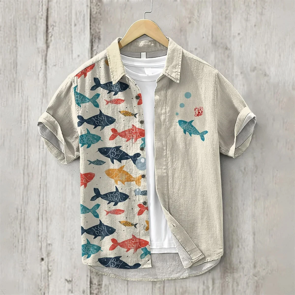 Linen short sleeve men\'s lapel shirt ocean multicolor fish series casual and comfortable Hawaiian shirt oversized size S-6XL fas