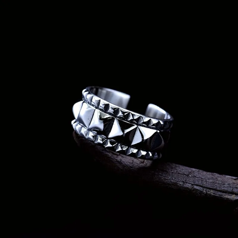 925 Silver Punk- Rivet Ring Men, Open Geometric Cone-Shaped Street Style Accessory