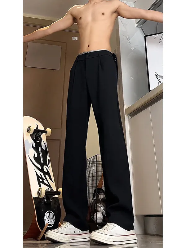 American Style Loose Pleated Wide Leg Floor-Length Trousers Men Summer Thin Draping Casual Ice Silk West Pants INS