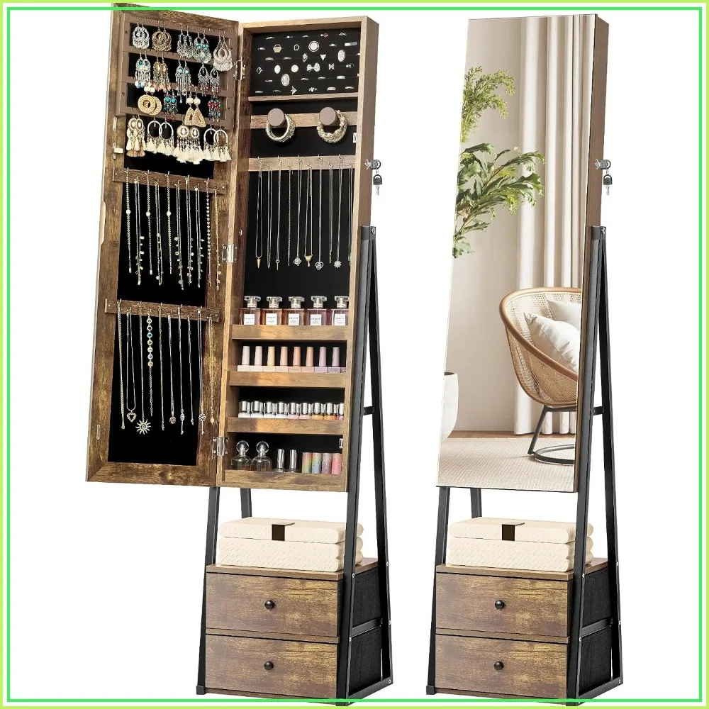 Nicetree Mirror Jewelry Cabinet, Lockable Full Length Mirror, 2 Drawers