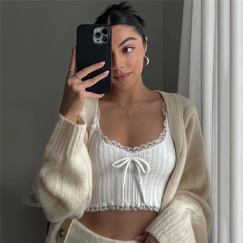 

Белый укороченный топ y2k, эстетичная одежда, женская однотонная кружевная отделка, майки без рукавов с открытой спиной и шнурком, кокетка, одежда