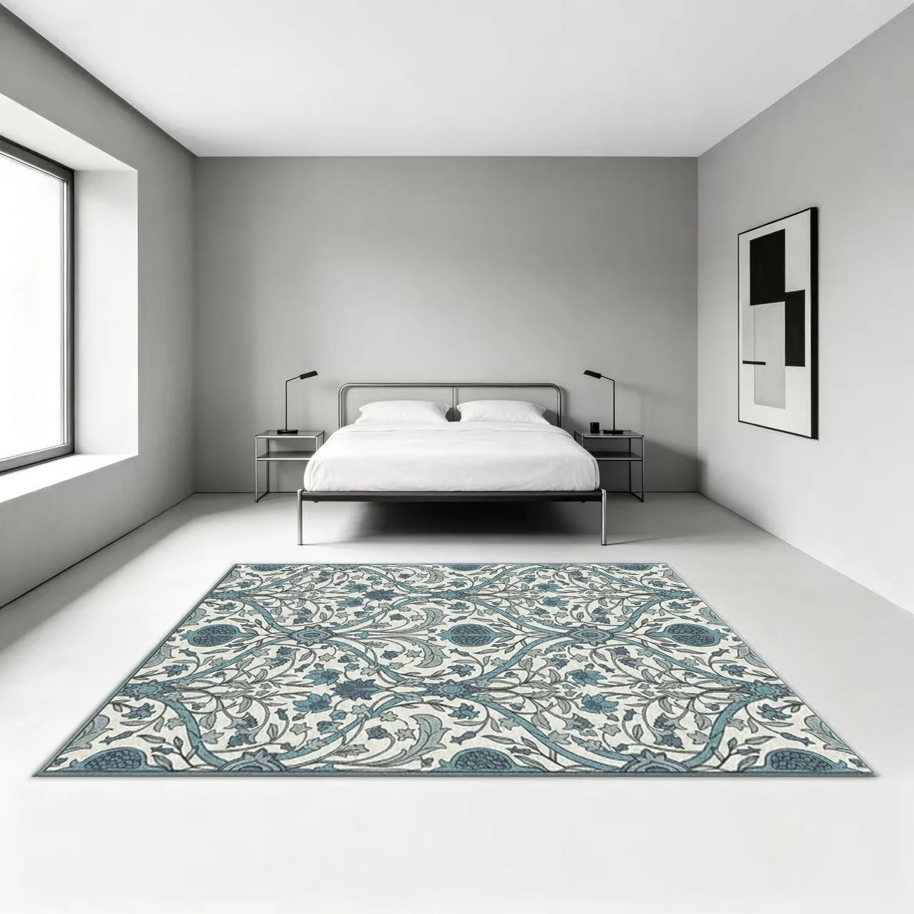Light Blue White Floral Square Area Rug Vintage Pomegranate Pattern Printed Floor Carpet for Living Room Bedroom Home Decor