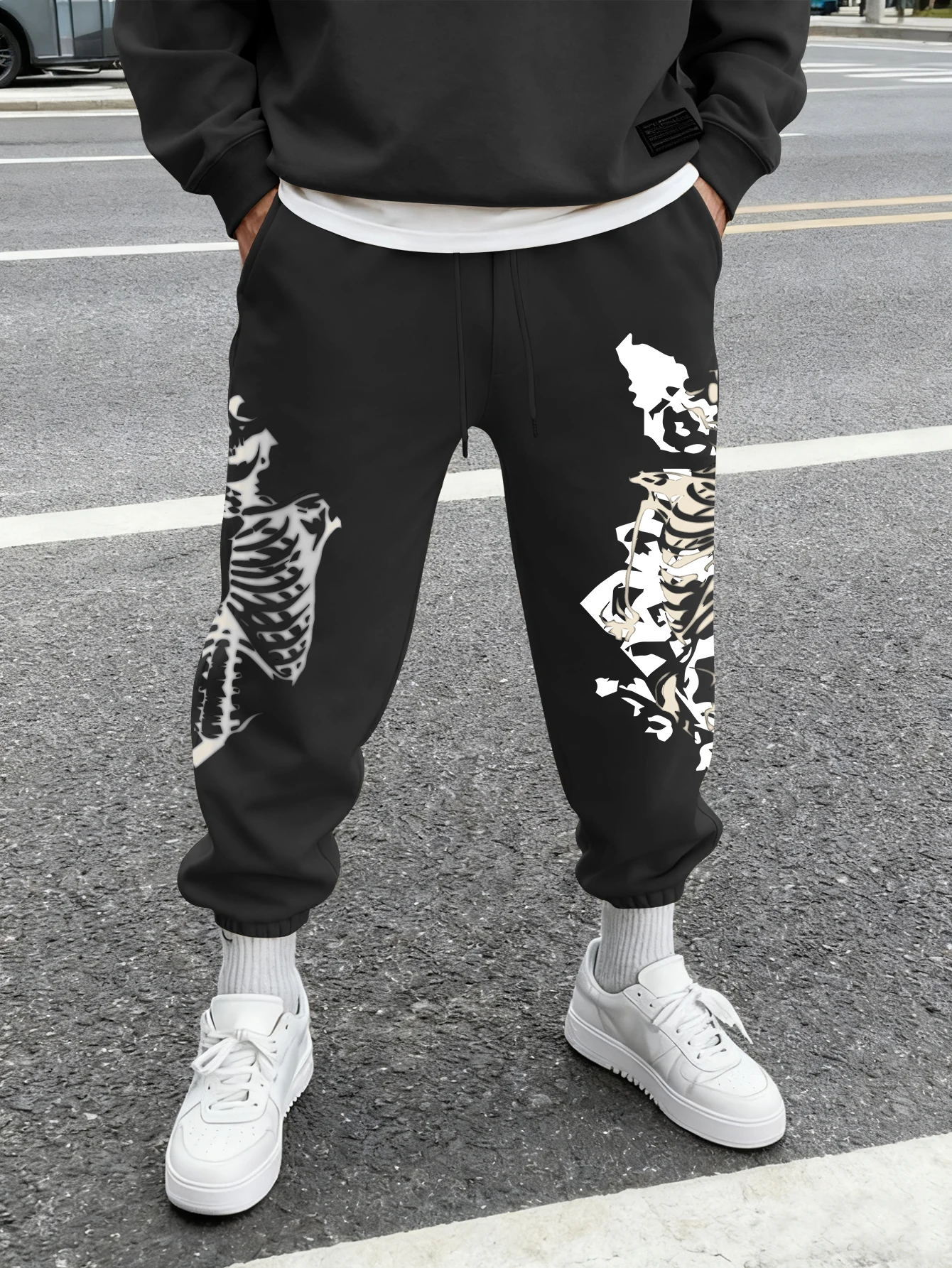 Men Jogger Sweatpants Skeleton Skull Side Print Drawstring Elastic Cuff Streetwear Casual Sports Trousers