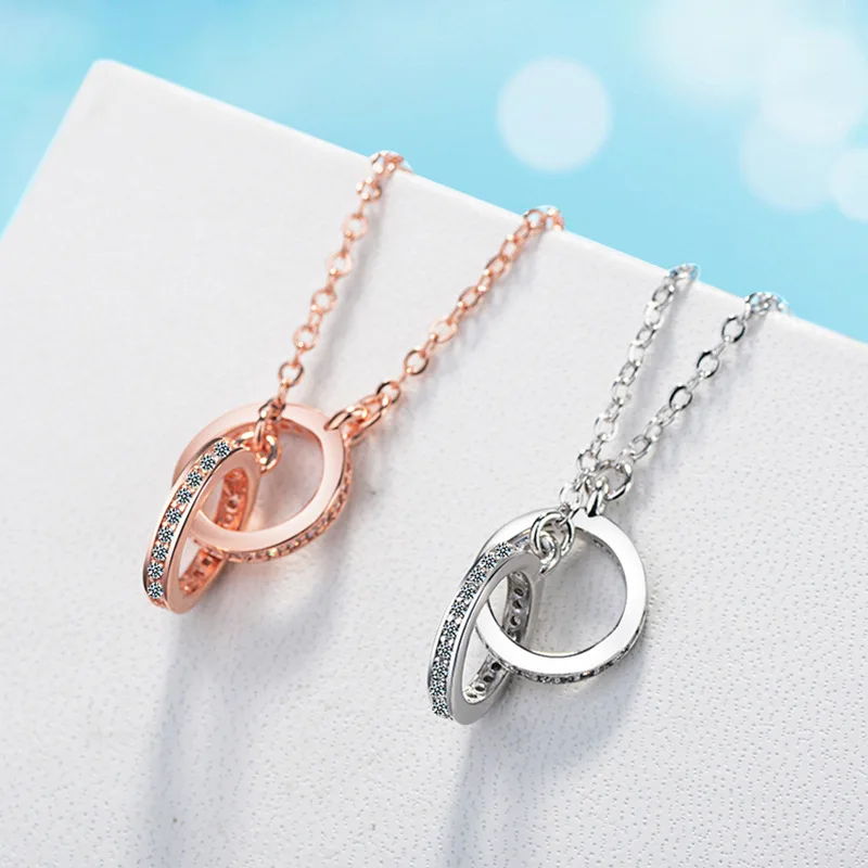 Classic Round Circle Connected Pendant Necklaces Shiny Micro Crystal Two Hoops Female Trendy Neck Accessories Jewelry Best Gifts