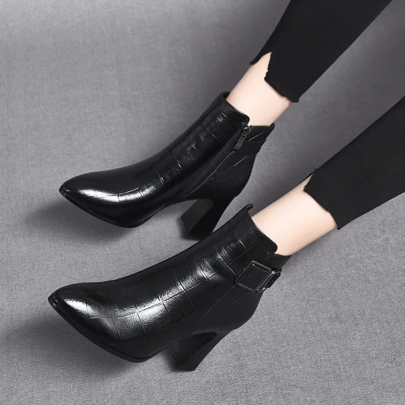 Elegant Women's Boots Ankle Pu 2021 New Mature Casual Pointed Side Zipper Cotton Boots Square Heel  Women Shoes Black