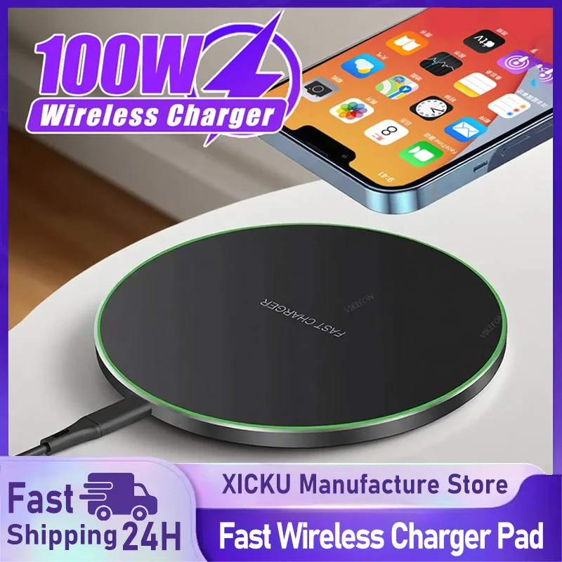 

100W Lightweight Wireless Charger Desktop Pad For iPhone 17 16 15 14 Pro Max Samsung S25 S24 Xiaomi Fast Charging Station