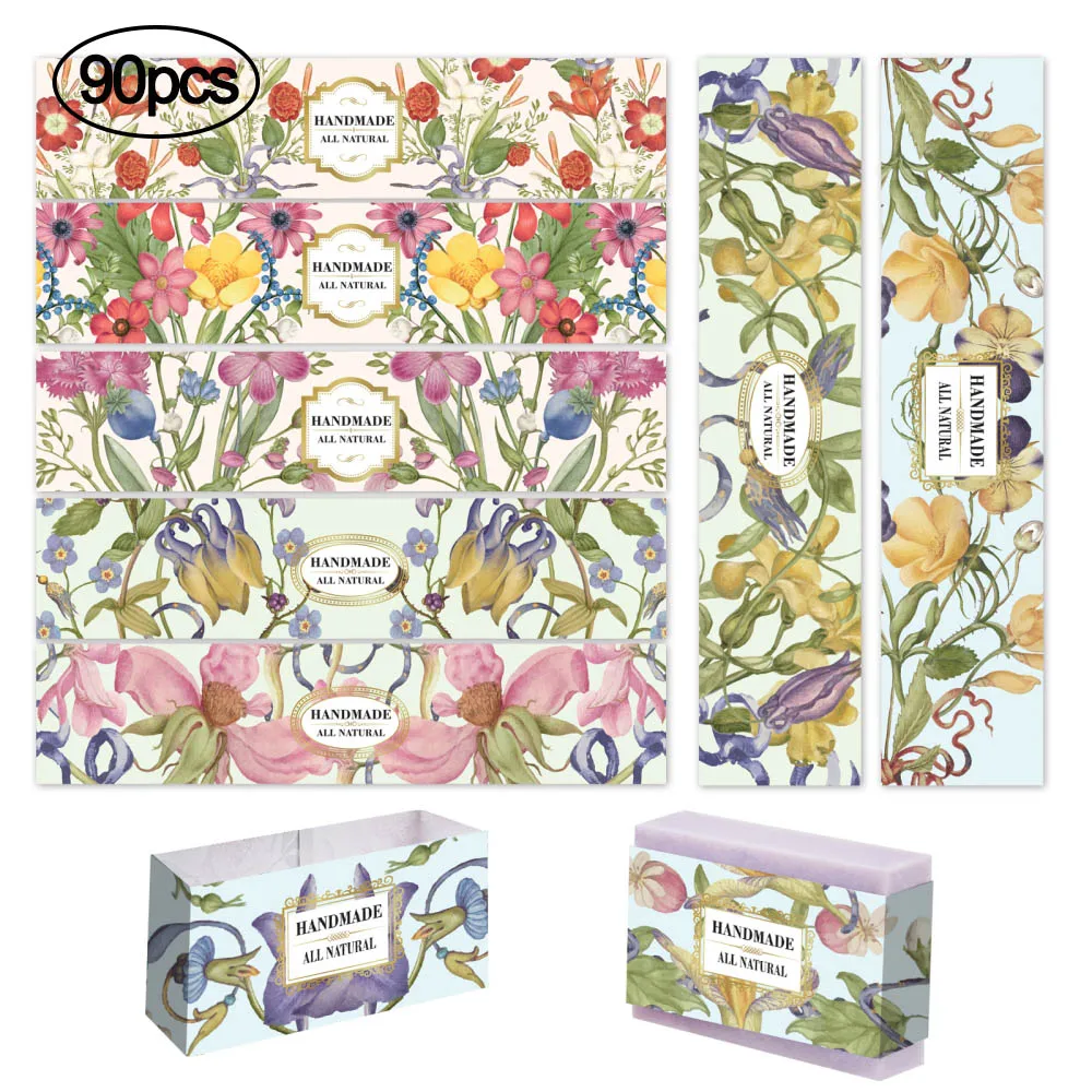 9 Styles Flower Wrap Tape, 90pcs Handmade Soap Wrapper Vintage Floral Soap Labels Vertical Soap Paper Tag Sleeves Covers