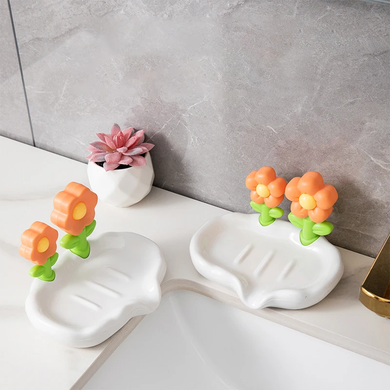 Plastic Cute Flower Soap Dish, Drain Soap Tray, Self Draining Soap Holder, Soap Storage Rack For Bathroom Accessories