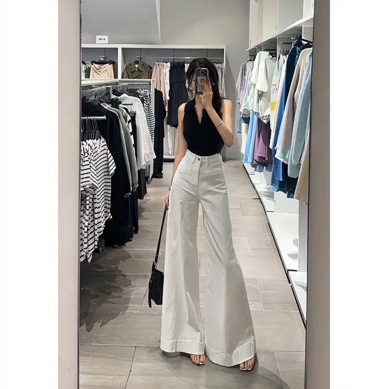 White Jeans with Pant Legs Women 2025 Spring New Temperament Korean Version of High Waist Loose Look Slim Wide Leg Pants Jeans