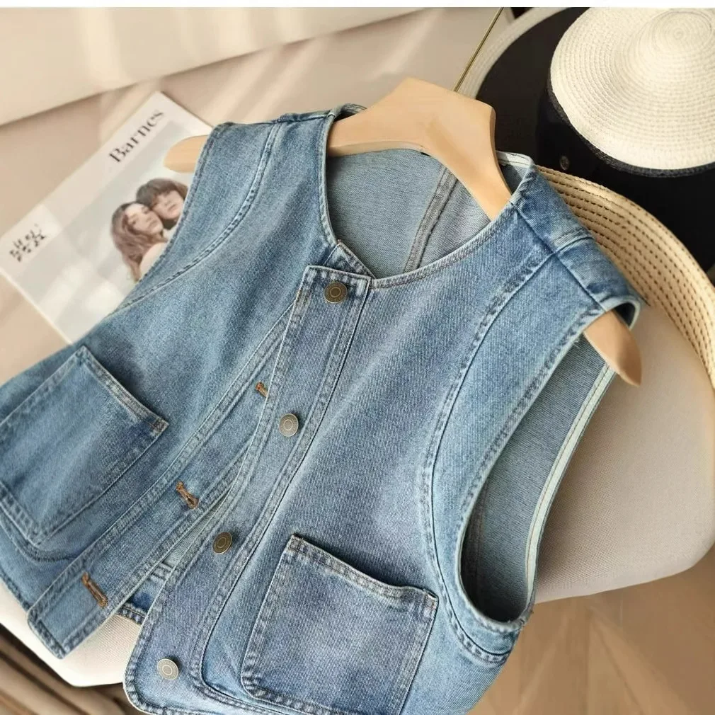 

Denim Vests Women Coat Sleeveless O Neck Vest Coats Single Breasted Loose Mom Jeans Button Pockets Spring 2025 Jackets Vintage