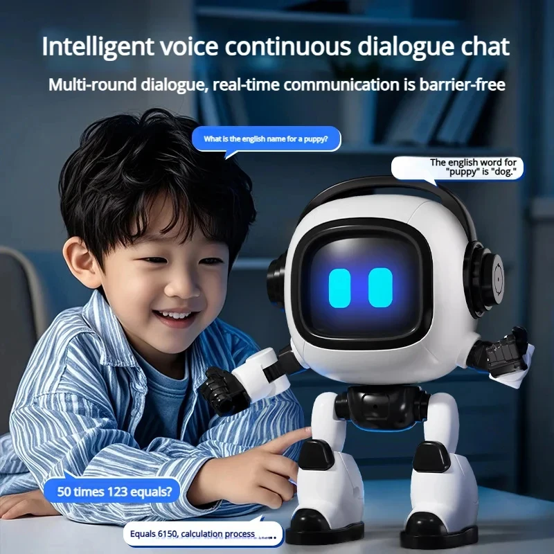 

AI Interactive Desk Robot with Voice Recognition Feature Talking Companion, Learning Games, Educational Toy for Kids