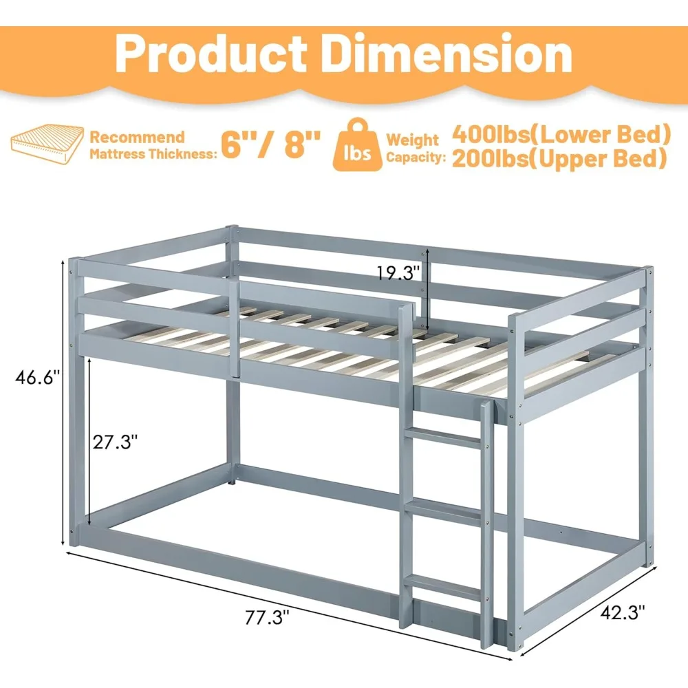 Litera doble sobre doble, macizo de madera de perfil bajo, macizo doble con barandillas de escalera para niños y niñas, sin necesidad de primavera