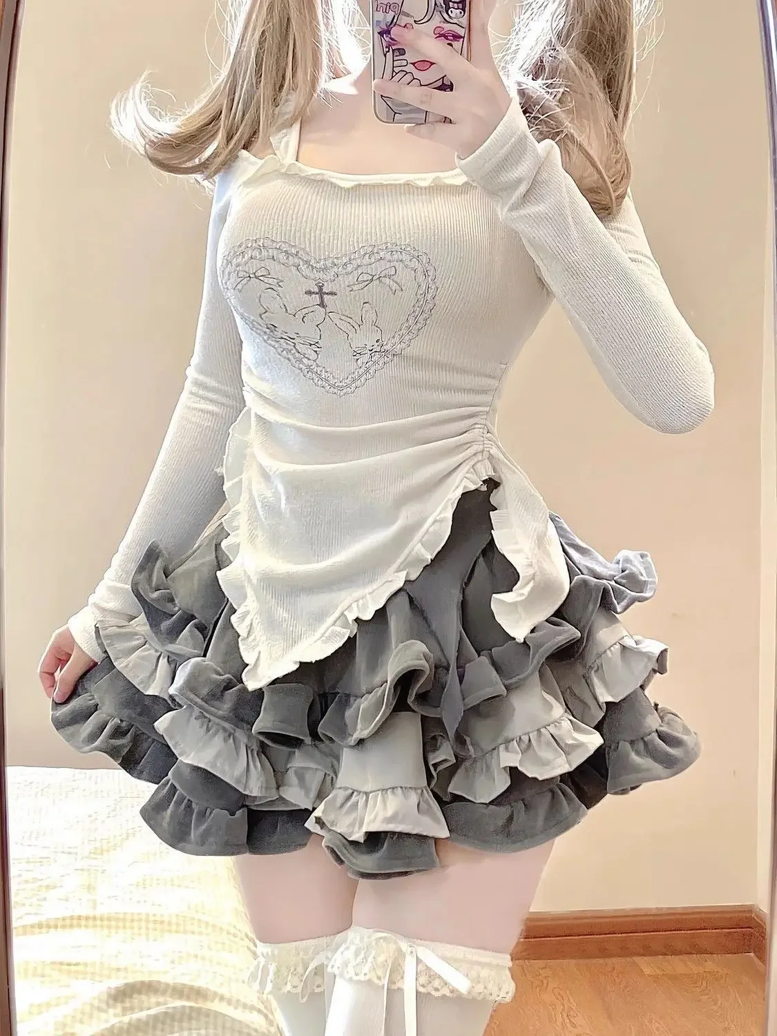 Large size 150kg wear long-sleeved top half-body cake skirt two-piece set